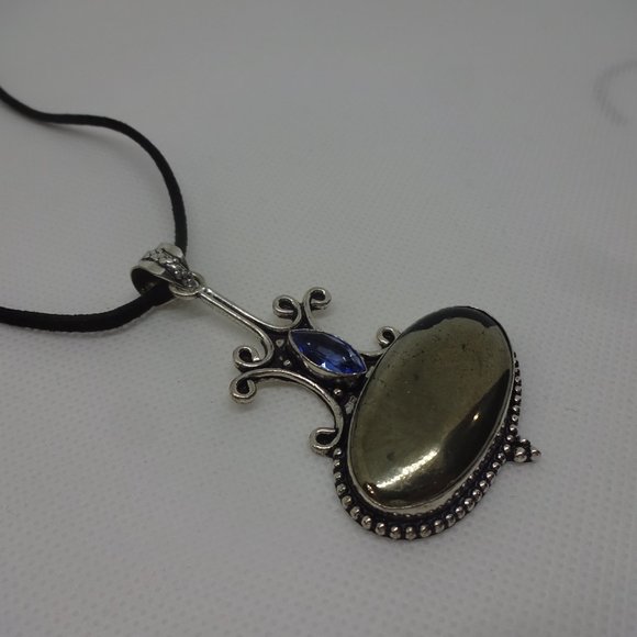 Gorgeous "APACHE PYRITE & AQUAMARINE" Handmade Sterling Pendant on Leather - Picture 2 of 5